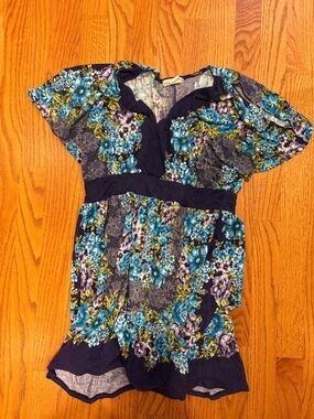 Navy Floral Short Sleeve Tunic with Blue & Green Blooms